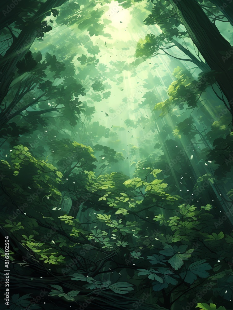 Obraz premium Capture the majestic beauty of a forest canopy from the perspective of a tiny insect, vividly illustrating sunlight filtering through emerald leaves in a detailed digital artwork