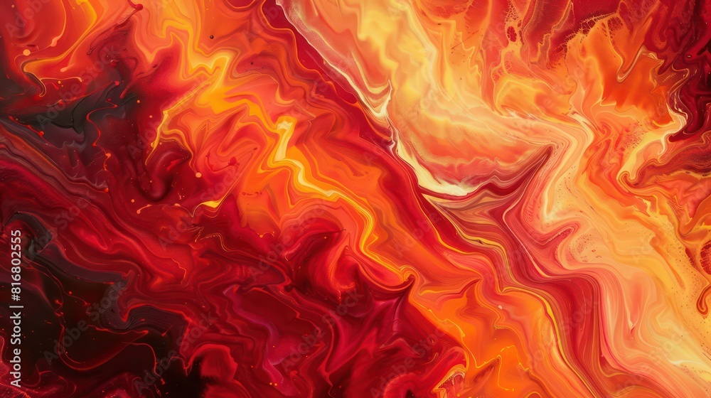 A painting of a red and yellow swirl with a fire in the background A painting of a red and yellow swirl with a fire in the background