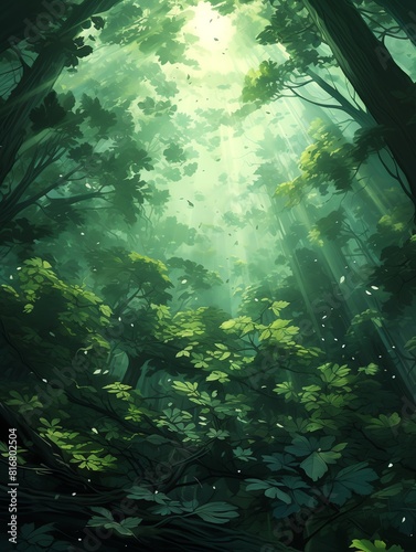 Capture the majestic beauty of a forest canopy from the perspective of a tiny insect  vividly illustrating sunlight filtering through emerald leaves in a detailed digital artwork
