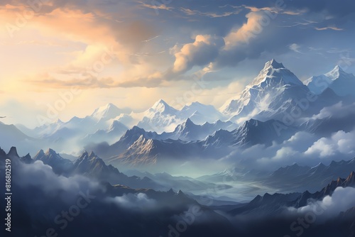Illustrate an expansive mountain range at dawn