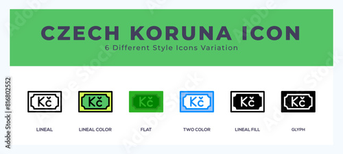 Czech koruna icon set with different styles. Design elements for logo. Vector illustration.