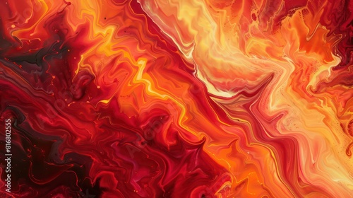 A painting of a red and yellow swirl with a fire in the background