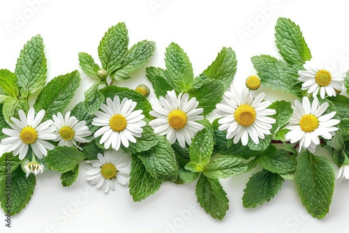 Chamomile flower mint leaves composition isolated on white