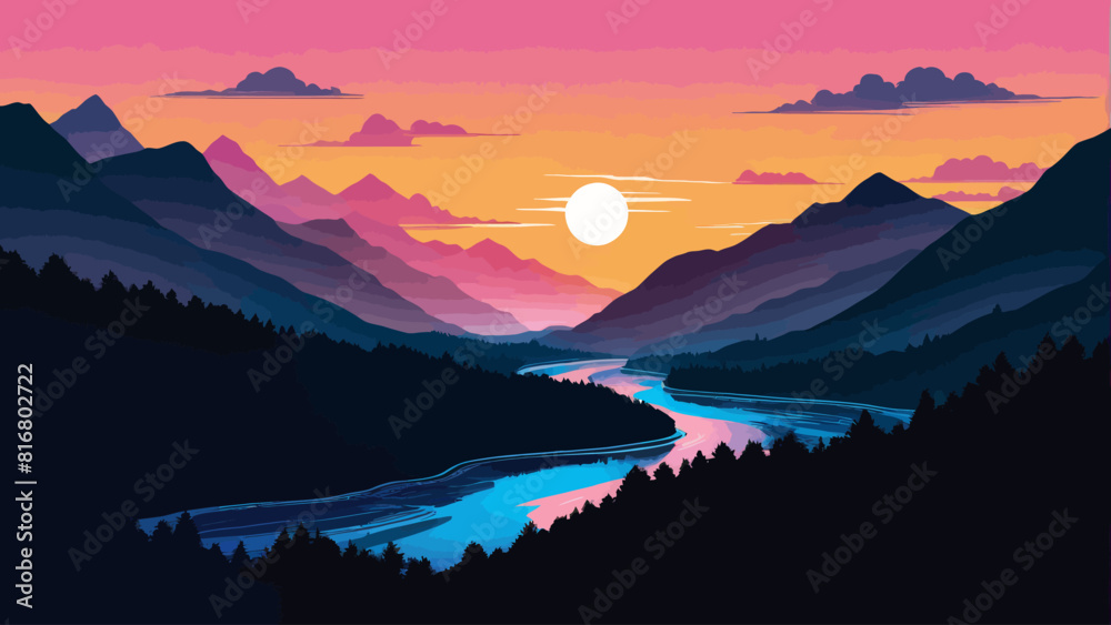 a painting of a sunset with mountains and a river