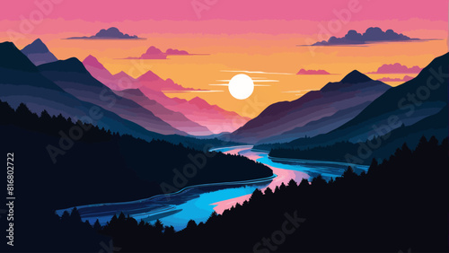 a painting of a sunset with mountains and a river
