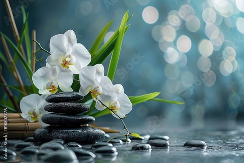 Spa stones, bamboo branches and white orchid