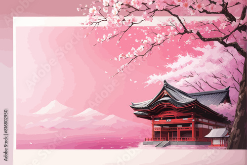 a painting of a pagoda with a cherry blossom tree