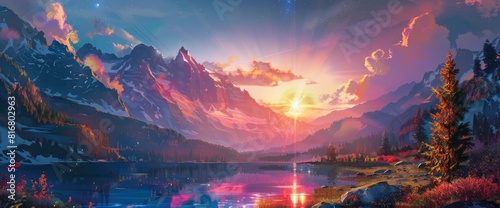 A Beautiful Fantasy Landscape With Mountains, Forests And Rivers