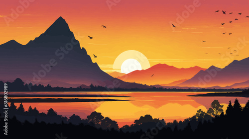 a painting of a sunset over a mountain range