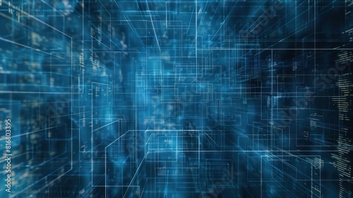 A blue and white image of a computer screen with many lines and squares