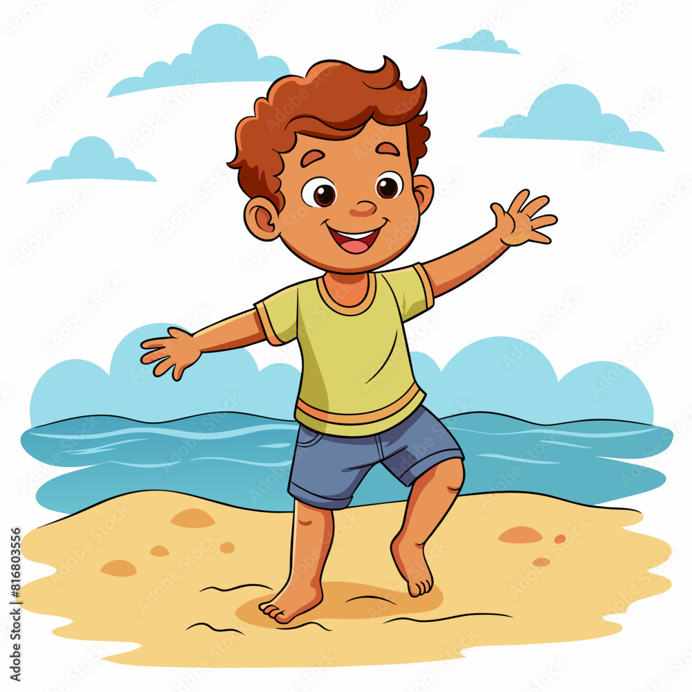 toddler age 1 to 4 dancing at the beach for coloring book page. hands and nose are lifelike with white background