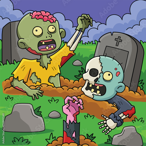 Zombies Rising the Grave Colored Cartoon 