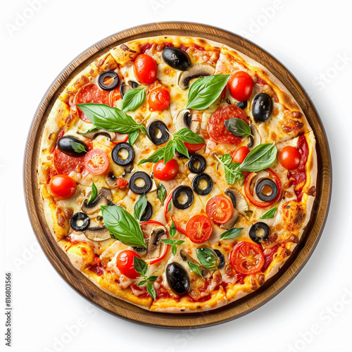 Pizza isolated on white background, online delivery from pizzeria, take away and fast food concept photo