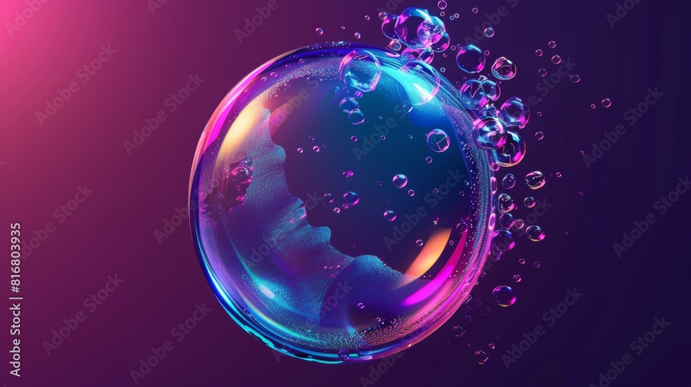 Iridescent bubble explosion sprite animation with rainbow reflections. Glass spectrum sheet with rainbow reflections. Abstract magic blowing balloon 3D game storyboard kit. Clear circle sphere