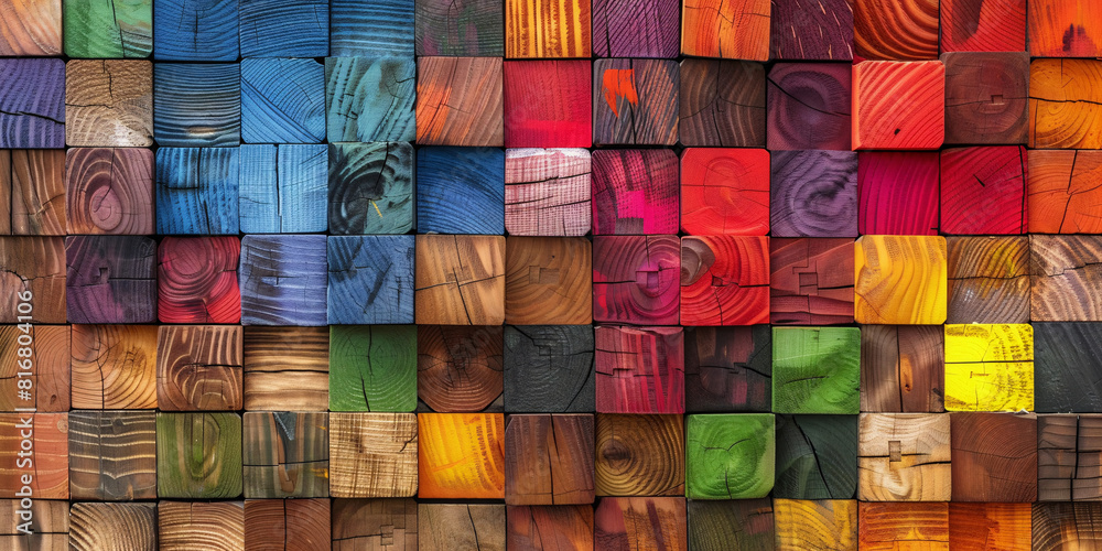 Background with many square shaped colorful wooden cubes