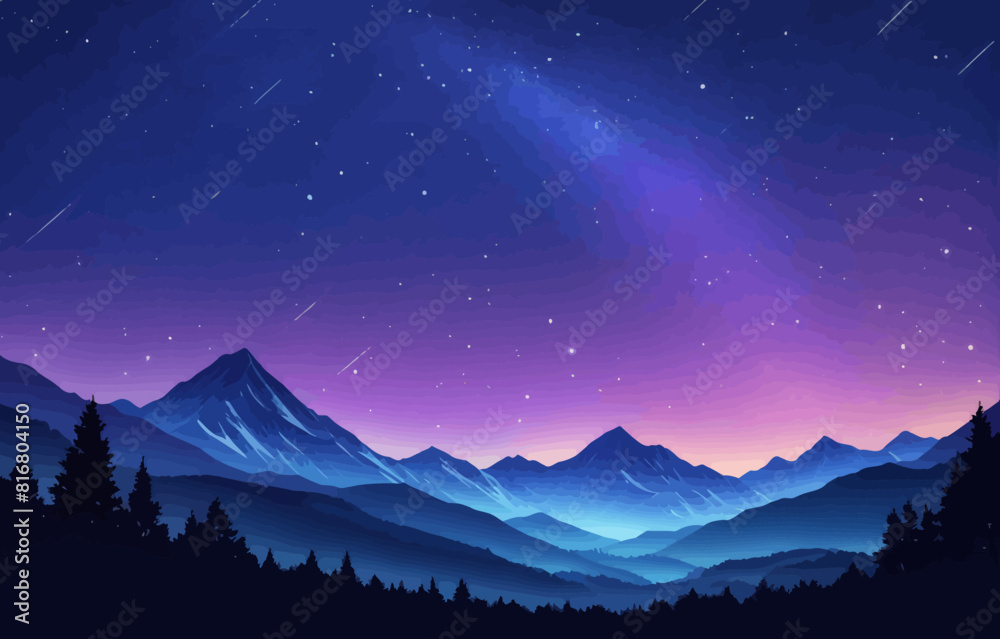 a night scene with mountains and stars in the sky