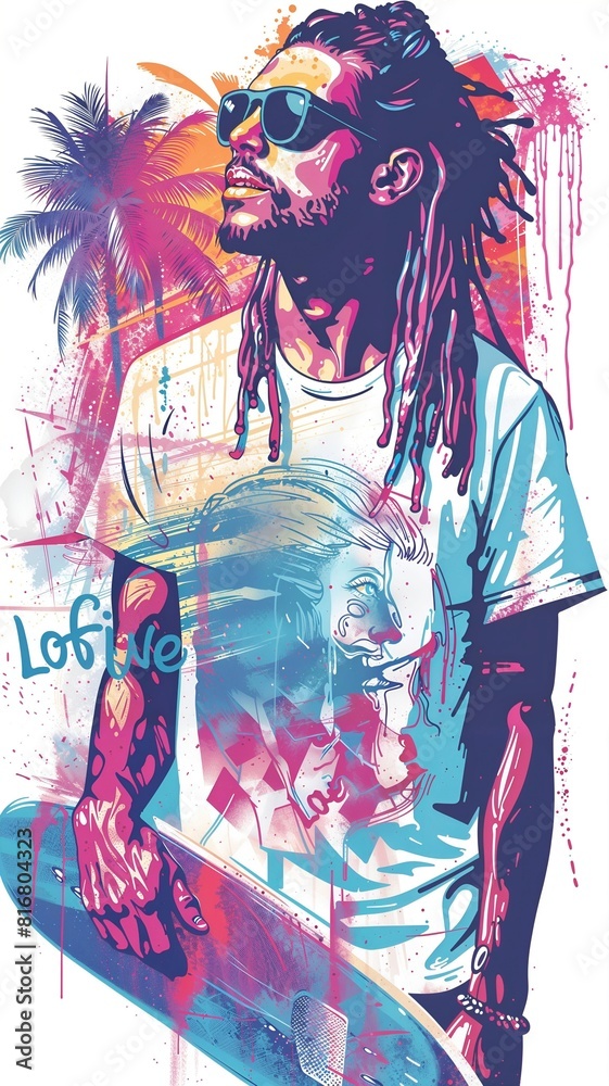 t-shirt, design, illustration of a bearded person with dreadlocks, wearing sunglasses