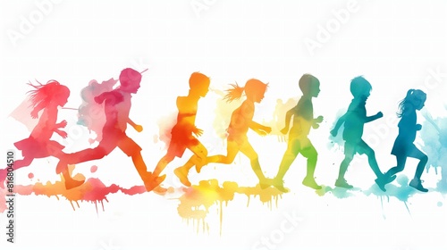 Colorful Silhouettes of Children Running in a Playful and Energetic Art Style