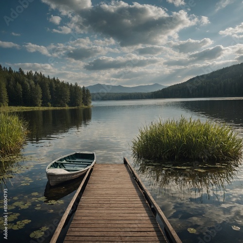 A tranquil lake with a dock and rowboat.  