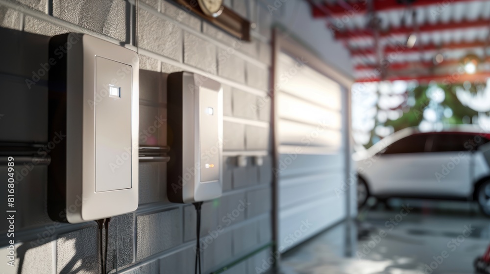 Concept of a home battery packs alternative electric energy storage system at modern home garage wall as backup or sustainable energy concepts. Concept of a home battery packs alternative electric energy storage system at modern home garage wall as backup or sustainable energy concepts.
