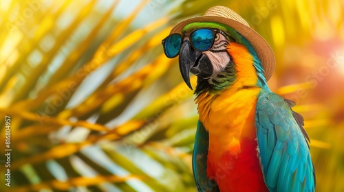 Close-Up of a Colorful Parrot Wearing Sunglasses and Hat in a Tropical Setting