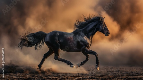 Powerful Black Horse Running At Full Speed In A Dusty Landscape
