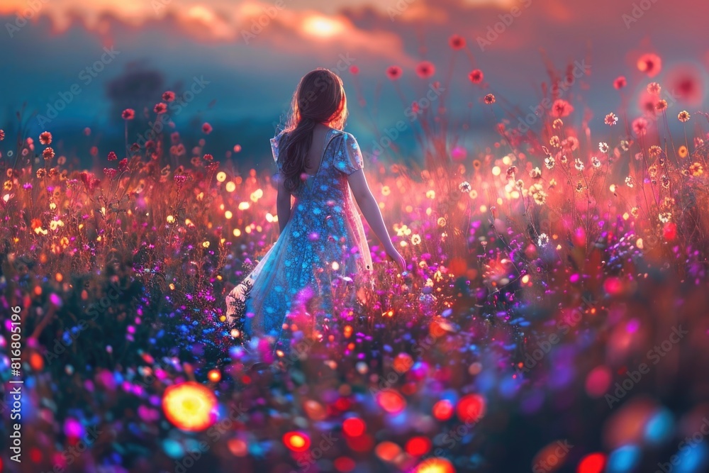 A woman standing in a field of colorful flowers. Perfect for nature and beauty concepts A woman standing in a field of colorful flowers. Perfect for nature and beauty concepts