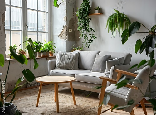 Design an interior of a living room with a gray sofa, wooden coffee table and armchair in the style of scandinavian style decorated with plants and a jungle mood
