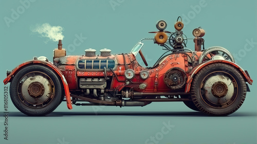 old carriage cart, generative, ai, steampunk, retro, vintage, background, products, machine, mechanical, red, car, auto, vehicle, automobile, antique, classic, transportation, cartoon, animated