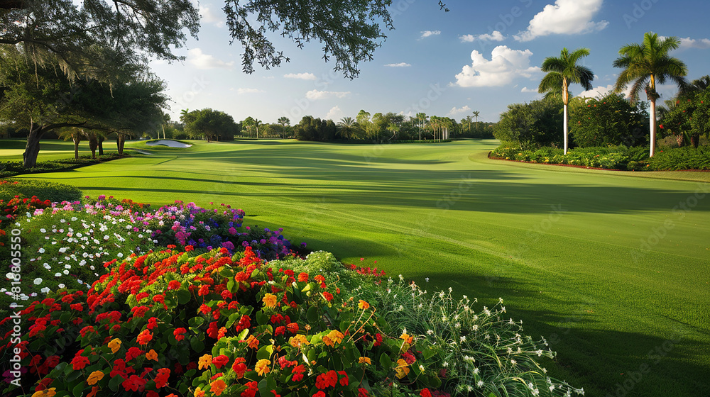 Vibrant colors pop against a backdrop of manicured green fairways.