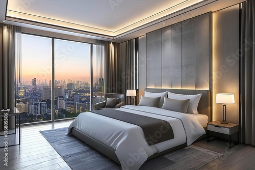 luxurious hotel room with elegant furnishings and spectacular city view interior design 3d rendering