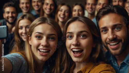 Group of funky young students best friends making selfies having fun, Friendship Day Generative AI