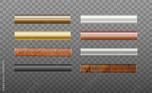 Pipes Set of metal. Pipe profiles in steel, cast iron, aluminum, copper and brass. Rusty Pipe. Vector