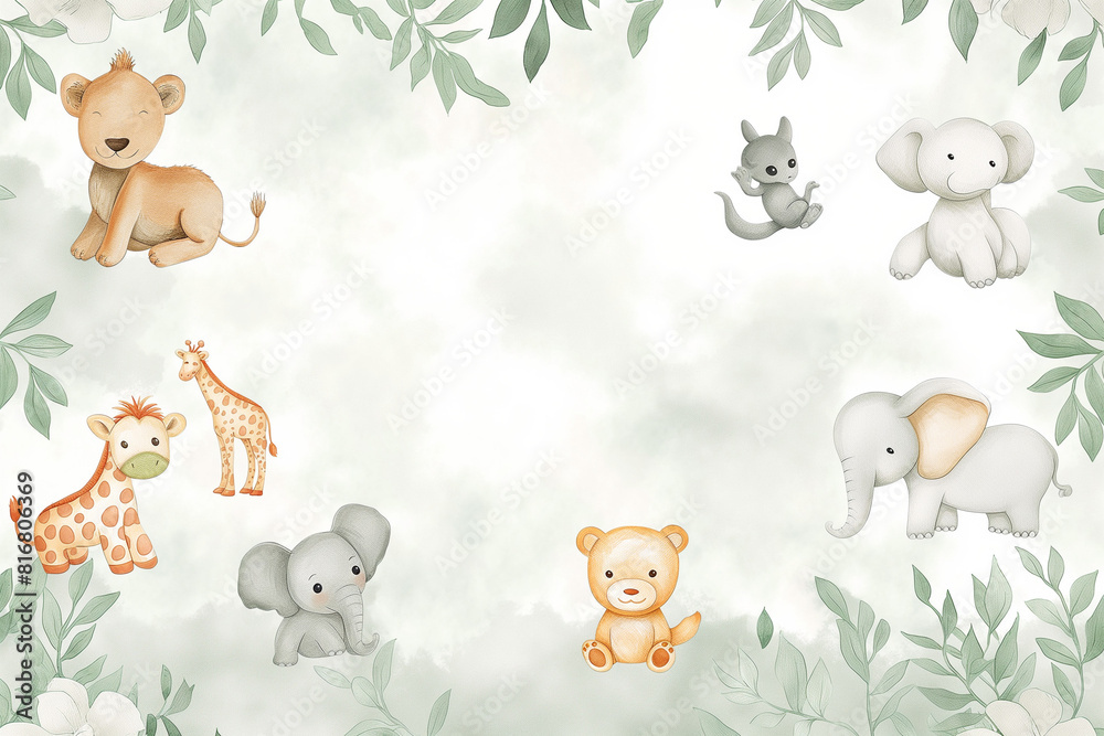 Obraz premium animals in the forest, Delight in the charm of the jungle with an endearing seamless repeating pattern tile featuring adorable jungle animals frolicking against a soft white watercolor background