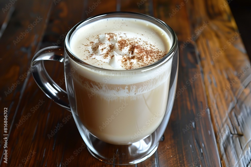 Closeup image of a frothy cappuccino topped with cinnamon, in a clear glass mug Closeup image of a frothy cappuccino topped with cinnamon, in a clear glass mug