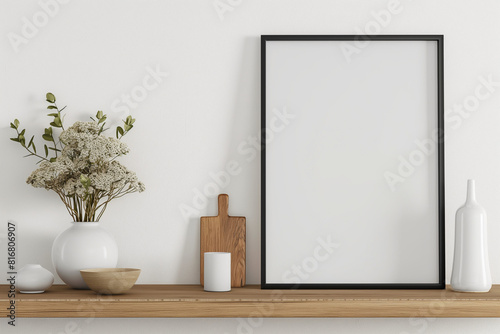 room with a photo framw, Elevate your interior design presentations with a sleek modern mockup frame tastefully positioned on a kitchen wooden shelf against a clean white wall background