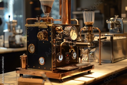 Exquisite antique espresso machine on a marble countertop in a modern cafe setting