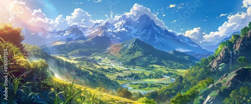 A Breathtaking Anime Landscape Of Majestic Mountains, Lush Green Valleys Filled With Vibrant Flora And Fauna 