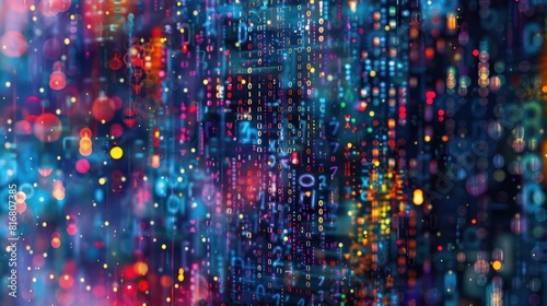 A colorful image of a cityscape with many numbers and letters photo