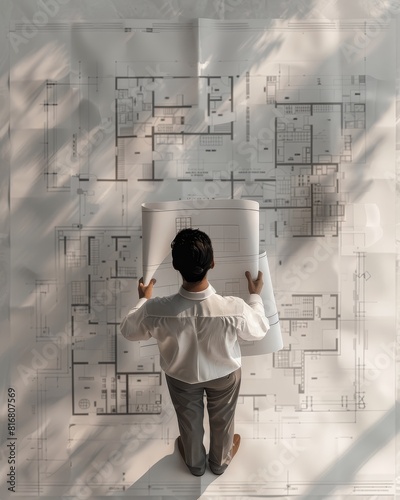 Create an image of an architect reviewing blueprints, feeling undeserving of his role