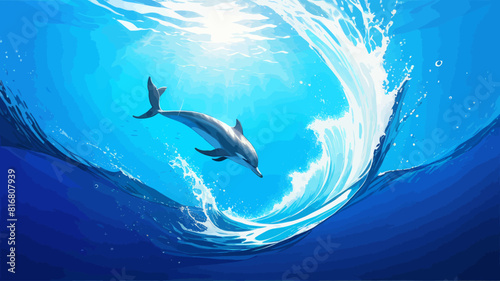 a painting of two dolphins swimming in the ocean