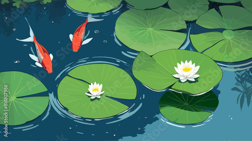 a painting of water lilies and goldfish in a pond