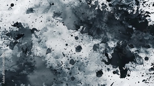 A black and white photo of splattered paint on a white background