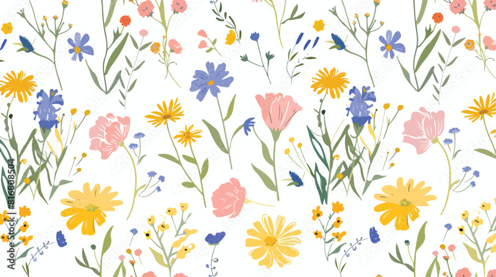 Summer seamless pattern with blooming flowers on white