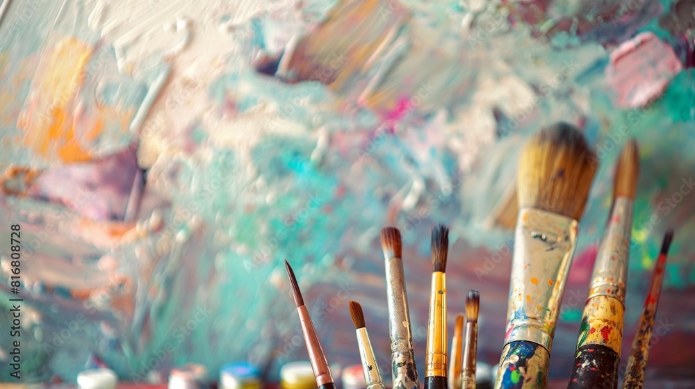Fototapeta premium Artistic paintbrushes with colorful background.