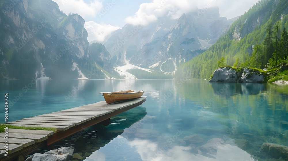 A serene mountain lake with a wooden dock and a small rowboat
