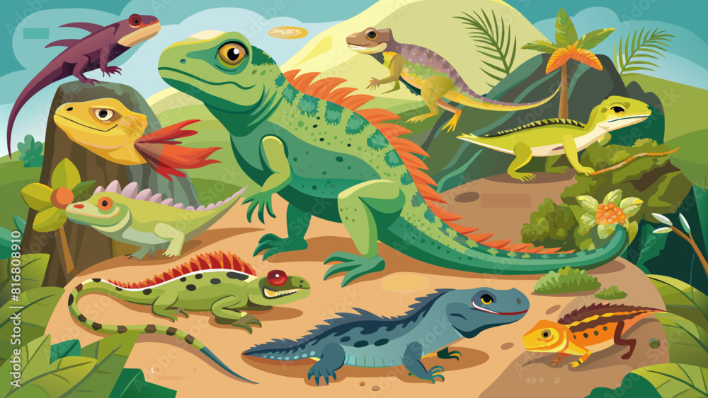 Naklejka premium Colorful Illustrated Assortment of Exotic Lizards in Tropical Habitat. Vector illustration