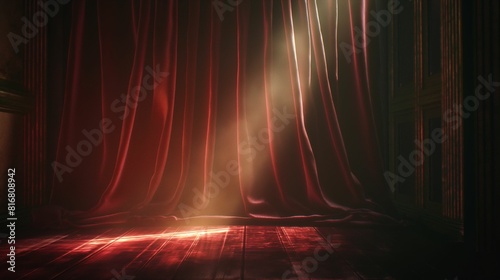 Vintage armchair in a dark room with dramatic red curtains and beams of light.