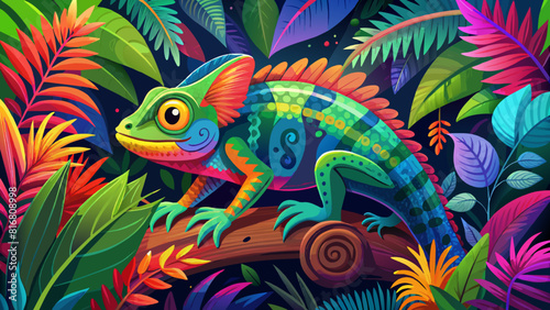 Vibrant Tropical Chameleon Amidst Lush Foliage. Vector illustration