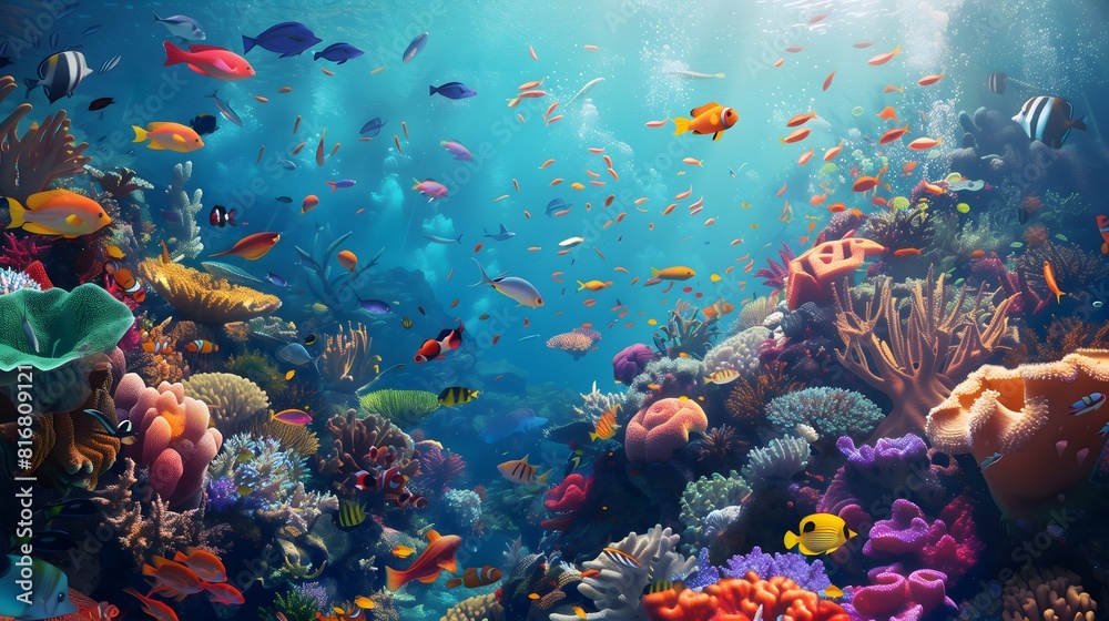 Naklejka premium A vibrant coral reef teeming with exotic fish and sea creatures